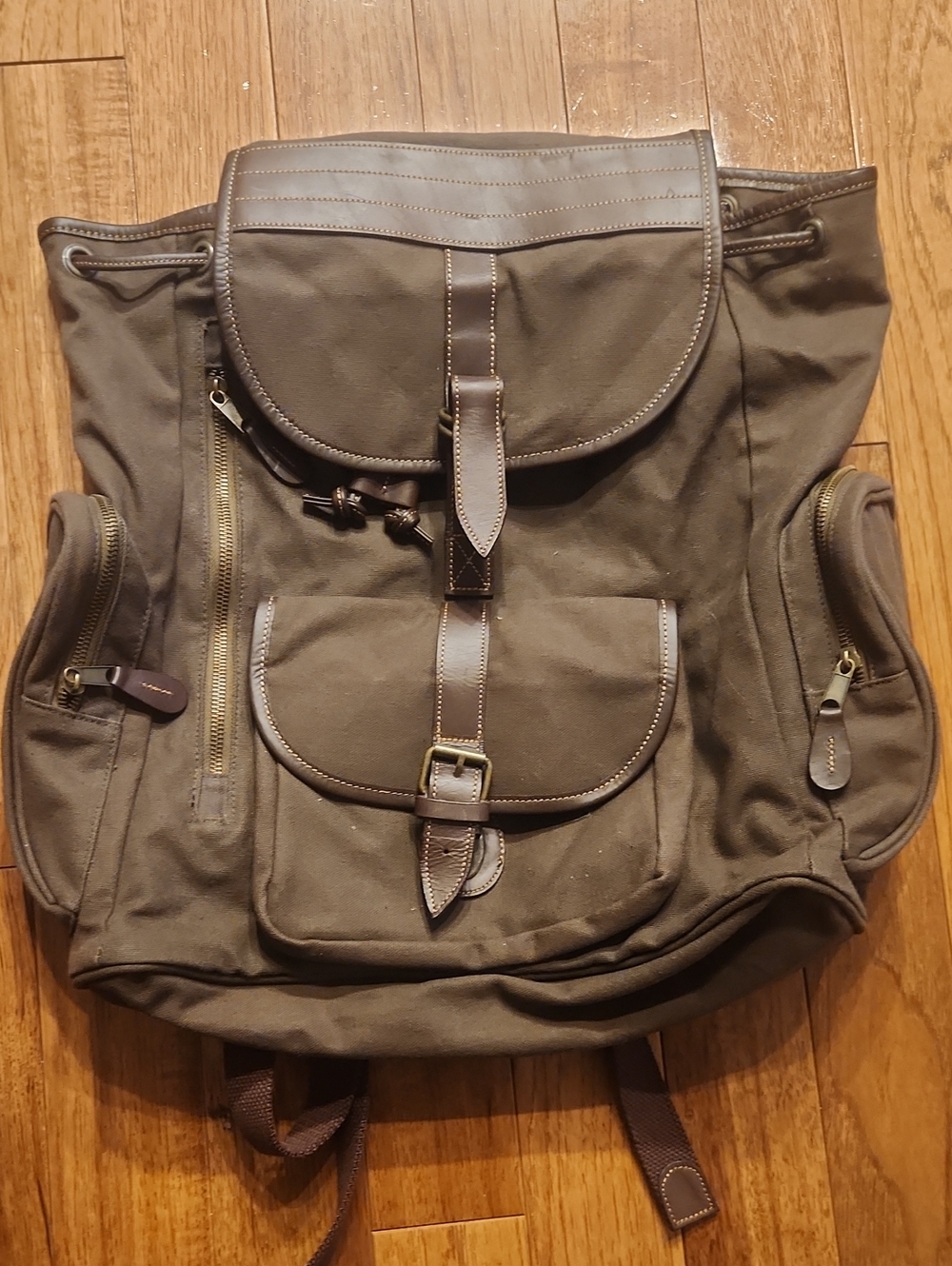 Men's Dark Brown Cotton Canvas Backpack with Brown Leather Trim